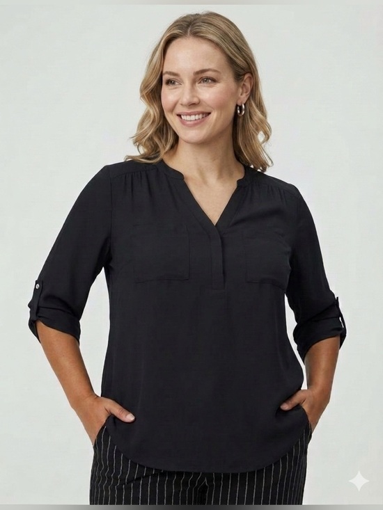 Torrid Tops - Torrid Harper Black V-Neck Roll Sleeve Blouse 1X NWT Work Wear Office Top